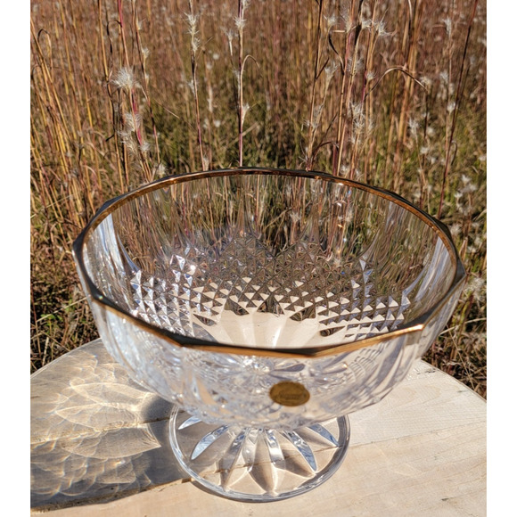 Cristal D'Arques France Footed Crystal Glass Bowl Gold Rim 8.25" Wide Diamond - Picture 6 of 12